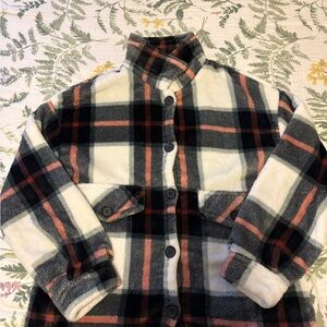 SHEIN Black White and Coral Plaid Button-Up Jacket